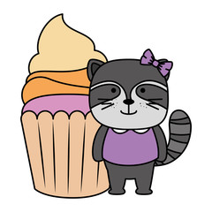 sweet cupcake with cute raccoon