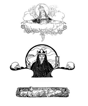 recommend clip art: Typographic decorative art deco elements early '900:fantastic figures, women,saint, queen,death symbols,time and floral as banner, border and end chapter decoration