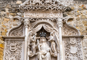 Relief of King Matthias of Hungary on a medieval wall in the Castle District of Buda, Budapest, Hungary