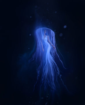 A jellyfish girl floating in levitation on a dark ocean floor. A beautiful, white dress and a hat with tentacles fluttering about the water. Space, alien creation. Art photo.