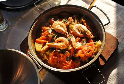 Seafood cataplana stew, traditional cuisine from the Algarve, southern Portugal