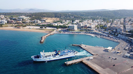 Fototapeta na wymiar Aerial drone bird's eye view of famous port of Rafina with passenger ferries travel to Aegean islands, Attica, Greece
