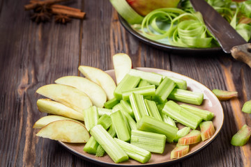 Stems of fresh young rhubarb
