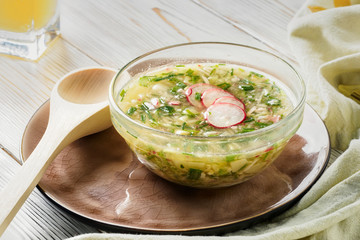 Cold summer soup of okroshka from vegetables