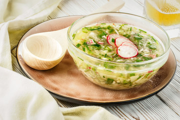 Cold summer soup of okroshka from vegetables