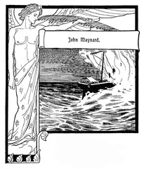 Typographic decorative art deco elements early '900: stylized chapter frontpiece with copy space representing a beautiful angel and a ship in the storm, the title (John Maynard) is a  German ballad 