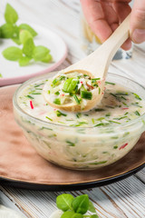 Cold summer soup of okroshka from vegetables