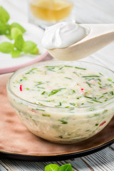 Cold summer soup of okroshka from vegetables