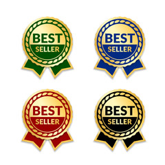 Ribbons award best seller set. Gold ribbon award icon isolated white background. Bestseller golden tag sale label, badge, medal, guarantee quality product, business certificate. Vector illustration