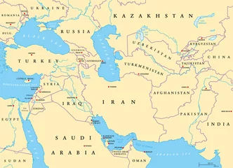 Fotobehang Southwest Asia, political map with capitals, borders, rivers and lakes. Also called Western, West or Southwestern Asia. Subregion, overlapping with Middle East. English labeling. Illustration. Vector. © Peter Hermes Furian