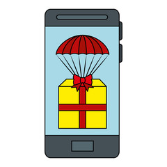 smartphone device with gift box in parachute vector illustration design