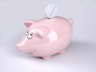 Piggy bank cartoon with pill
