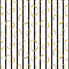 Gold heart seamless pattern. Black-white geometric stripes, golden grunge confetti-hearts. Symbol of love, Valentine day holiday. Design wallpaper, background, fabric texture. Vector illustration
