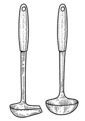 Soup ladle illustration, drawing, engraving, ink, line art, vector