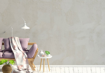 Fototapeta na wymiar Modern interior, Scandinavian style. 3D illustration. Wall mock up