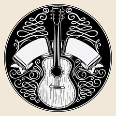 Acoustic guitar black and white emblem