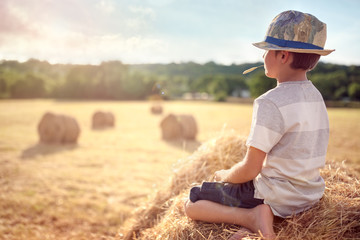Naklejka na ściany i meble Boy sitting on a haystack in summer watching the sunset