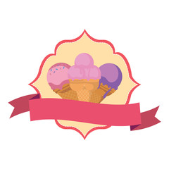 ice cream emblem with arabic frame and decorative ribbon over white background, vector illustration