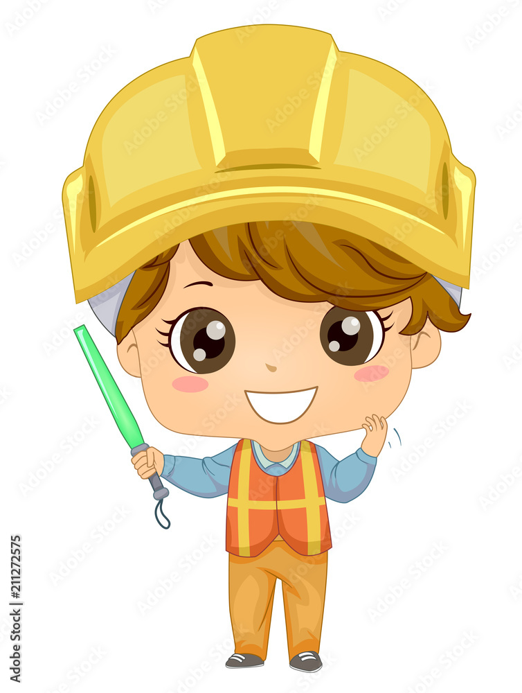 Sticker kid boy construction traffic baton go illustration