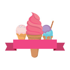 decorative ribbon with ice cream cones over white background, vector illustration