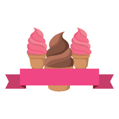 emblen with decorative ribbon and ice cream cones icon over white background, vector illustration