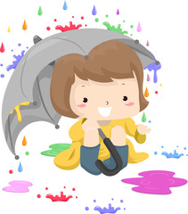 Kid Girl Colors Rain Illustration