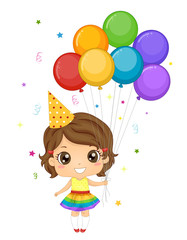 Kid Girl Rainbow Birthday Balloons Illustration