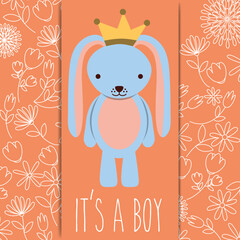 its a boy baby shower blue rabbit with crown card