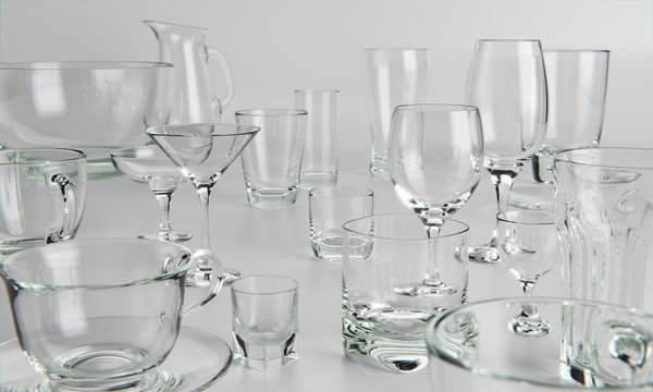 A photo-realistic 3D rendering of a variety of glass tableware