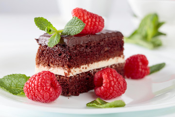 Chocolate cake with raspberry and mint.