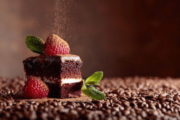 Close-up van chocoladetaart met framboos en munt.