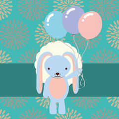 beautiful blue rabbit with party balloons flowers background