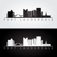 Fototapeta Fort lauderdale, USA skyline and landmarks silhouette, black and white design, vector illustration. obraz