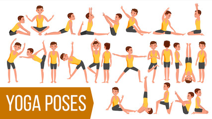 Yoga Man Poses Set Vector. Relaxation And Meditation. Stretching And Twisting. Practicing. Body In Different Poses. Cartoon Character Illustration