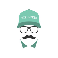 Portrait of Volunteer man wearing glasses and hat. Mens icon. Vector illustration.