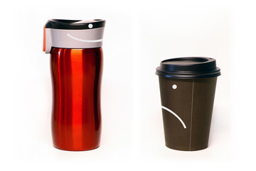 Ecology! Reusable metal cup and disposable paper cup with faces