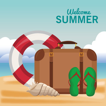 Welcome summer suitcase and float vector illustration graphic design