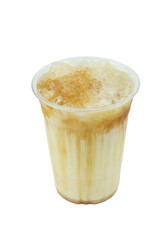 isolated caramel milk shake in plastic takeaway cup on white back ground