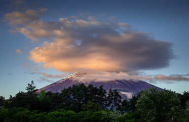 Sunrise over Mount Fuji, view from lake Kawaguchiko.