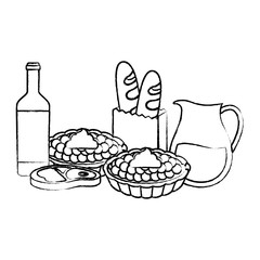 Picnic food with milk pitcher and related icons over white background, vector illustration
