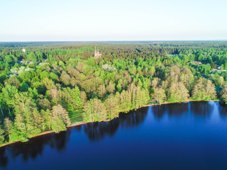 high view of the Gulf of Finland, forest and Islands at sunset 