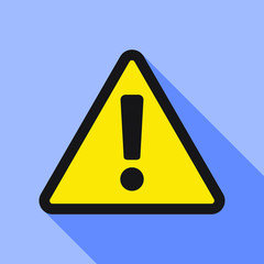 Danger sign, warning sign, attention sign. Danger warning attention icon in flat style with shadow on blue background