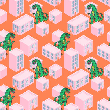 Dino monster in a pink city seamless vector pattern. Coral pink background with house buildings.