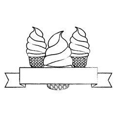 emblen with decorative ribbon and ice cream cones icon over white background, vector illustration