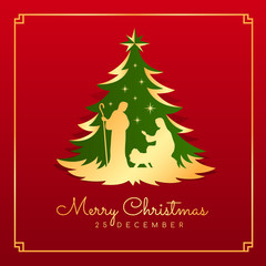 Merry Christmas banner card with Nightly christmas scenery mary and joseph in a manger with baby Jesus in green gold christmas tree on red background vector design
