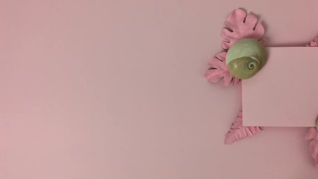 Sobre fondo rosa aparece cuadrado con hojas rosas y conchas, invitacion.