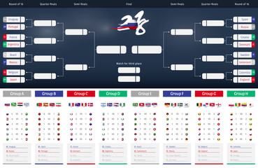 Football/soccer Match schedule vector illustration with last table score, standings and round of 16 large. Tableau des Matches - RUSSIE 2018.