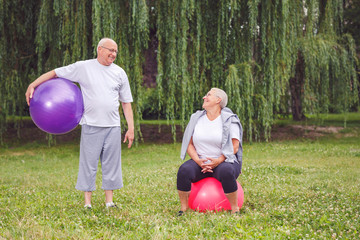 Fototapeta na wymiar Happy senior couple sitting on fitness balls in park.