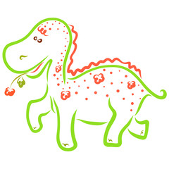 Funny colorful dinosaur with a pattern of flowers and a flower in your mouth