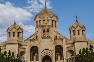 Fototapeta na wymiar View of the main entrance of the Cathedral of Gregory the Illuminator from Tigran Mets street in the capital of Armenia Yerevan
